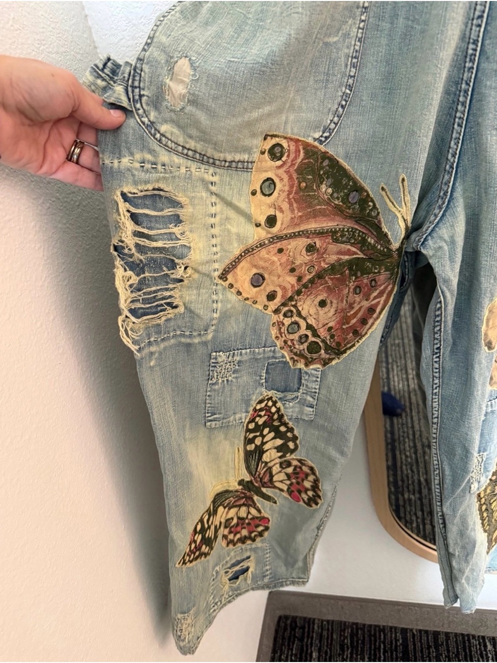 Magnolia Pearl Cotton Denim Appliqué Butterfly Overalls - Picture 8 of 14
